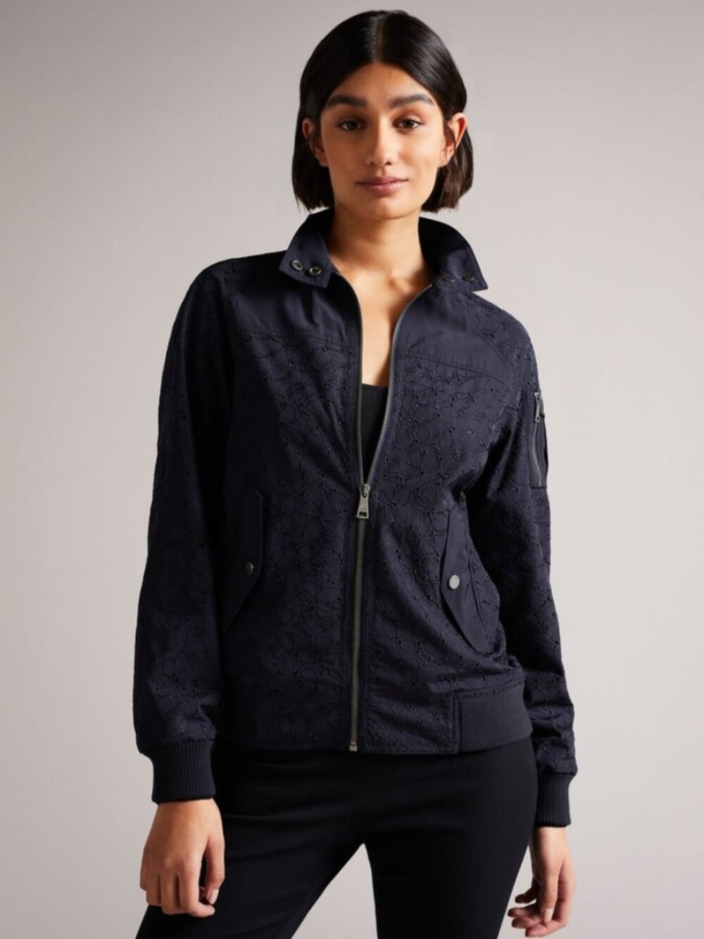 Ted Baker Sz 6 Larsine Mixed Media Lace Navy Full Zip Light Jacket